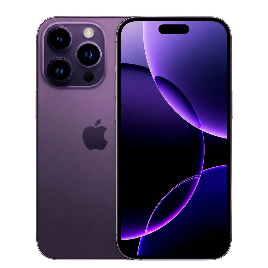 iPhone 14 Pro Max roxo profundo, vista frontal e traseira